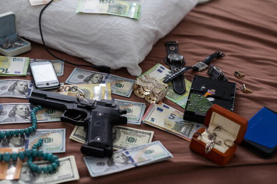  crime scene investigation process in csi laboratory. Evidence labels with fingerprint applicant and many confiscated