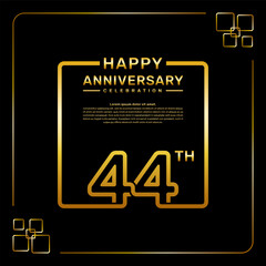 44 year anniversary celebration logo in golden color, square style, vector template illustration
