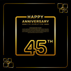 45 year anniversary celebration logo in golden color, square style, vector template illustration