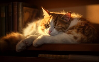 Cozy Cat Dreams: Adorable Feline Sleeping on a Rustic Wooden Bookshelf - A Perfect Wallpaper for Cat Lovers and Bookworms, Generative AI