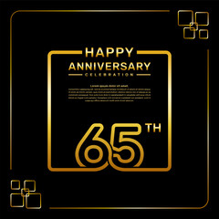 65 year anniversary celebration logo in golden color, square style, vector template illustration
