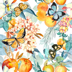 Lush summer seamless pattern with fruits, butterflies, plants.  Watercolor beautiful garden repeating backdrop with tropical leaves. Botanical design with floral decor, fruit and berries - 608575432