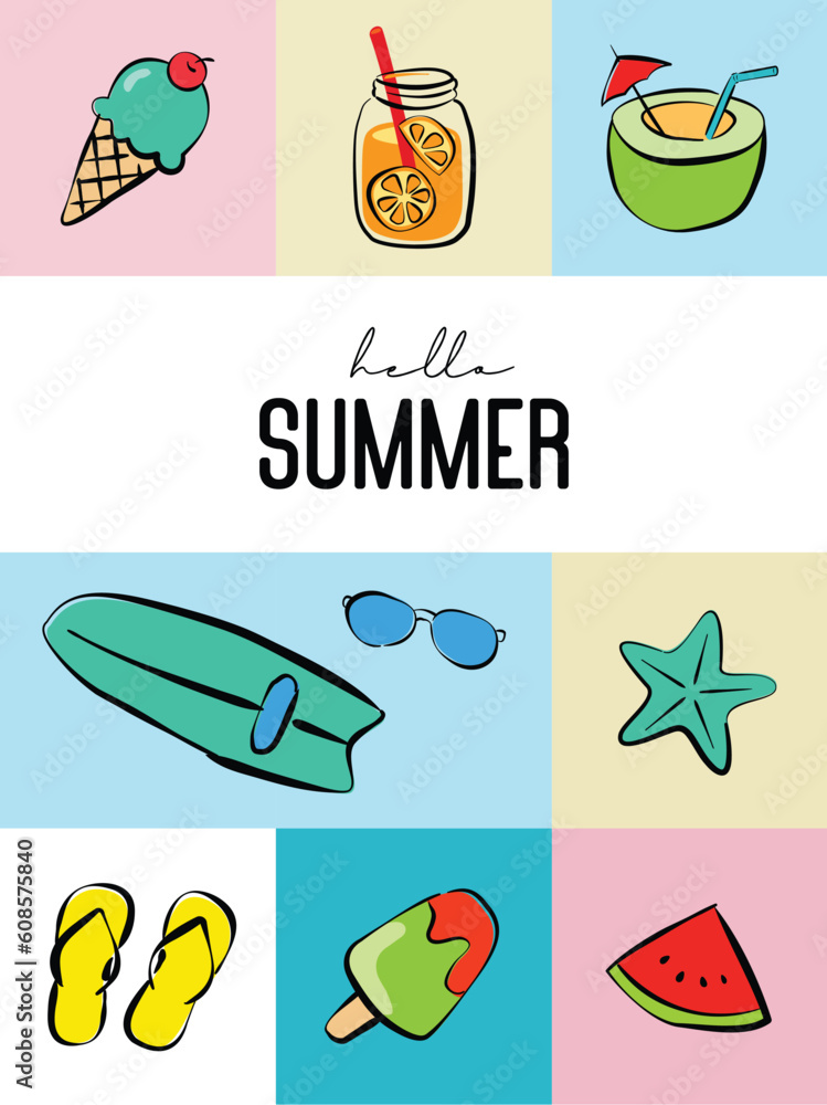 Poster hello summer with object element decoration background.