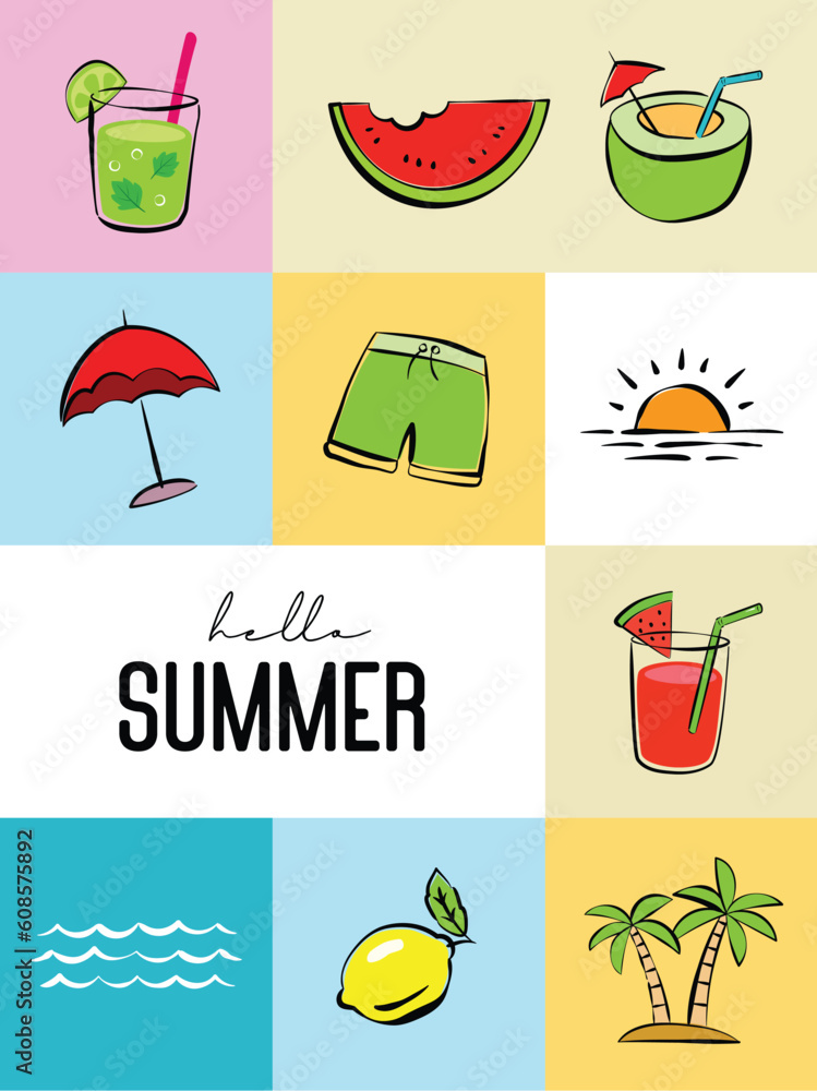 Poster hello summer with object element decoration background.