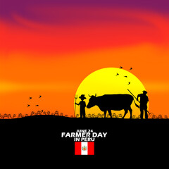 Two farmers with a buffalo in a farm field at sunset with Peruvian flag and bold text commemorate Farmer Day on June 24 in Peru