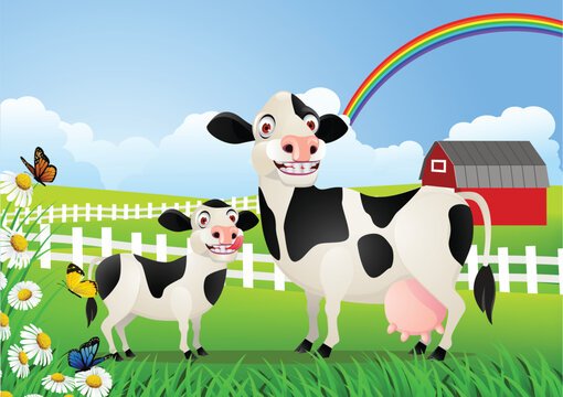 cow family in pasture  illustration