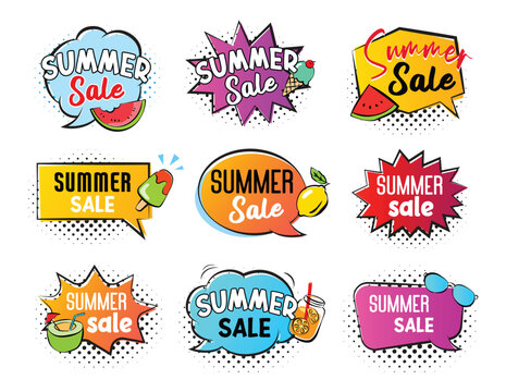 Summer sale speech banner template. Discount sticker tag sale set.