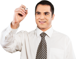 Businessman writing on ivisible board