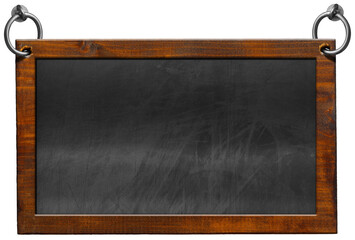 Obraz premium Old blank blackboard with wooden rectangular frame and steel rings for hanging. Isolated on white or transparent background and copy space, template. Png.