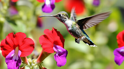 Fototapeta na wymiar A hummingbird flies past red hibiscus flowers. Generative AI