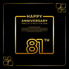 81 year anniversary celebration logo in golden color, square style, vector template illustration