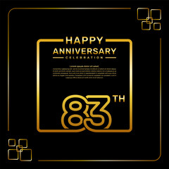 83 year anniversary celebration logo in golden color, square style, vector template illustration