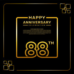 88 year anniversary celebration logo in golden color, square style, vector template illustration