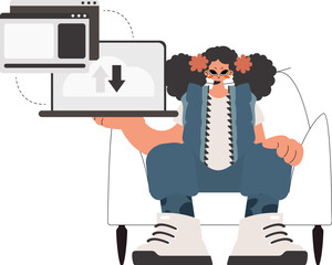 The energized lady is holding a tablet in which information is being synchronized. Kept. Trendy style, Vector Illustration