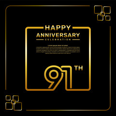 91 year anniversary celebration logo in golden color, square style, vector template illustration