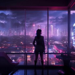A Woman Standing Before a Large Window Viewing a Purple Hued City at Night Generative AI