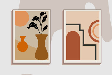 Abstract feminine posters. Boho contemporary wall art banners, hand drawn wallpapers interior decoration. Vector illustration