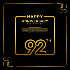 92 year anniversary celebration logo in golden color, square style, vector template illustration