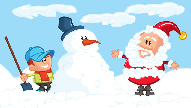 Cartoon of Santa, a snowman and a little boy. Snow covered back ground