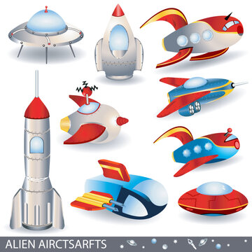 Illustration of a 9 different alien aircraft.