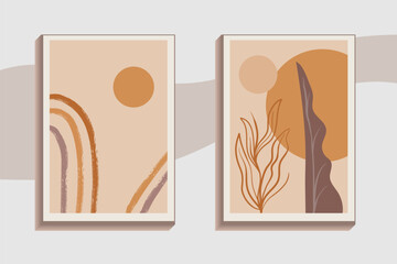 Hand drawn abstract minimal element mid century vector set. Aesthetic contemporary stripe line art, watercolor geometric shapes in earth tone. Art form design for wall art, decoration, wallpaper.