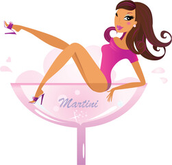 Woman sitting in alcohol glass showing her legs. Vector retro Illustration