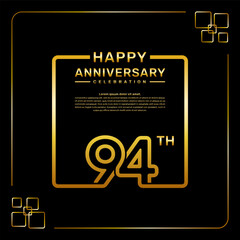 94 year anniversary celebration logo in golden color, square style, vector template illustration