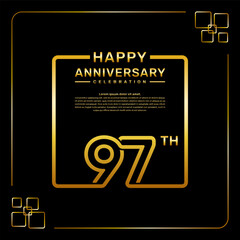 97 year anniversary celebration logo in golden color, square style, vector template illustration