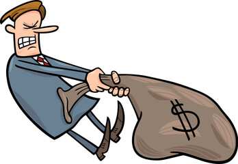 cartoon humorous illustration of businessman draging huge sack of dollars