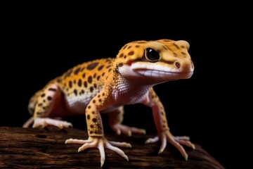 Obraz premium Leopard gecko lizard on wood with black background. Generative AI