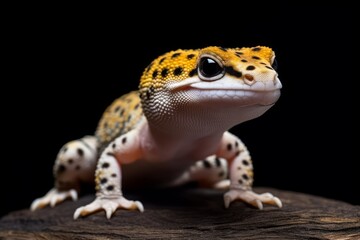 Leopard gecko lizard on wood with black background. Generative AI - obrazy, fototapety, plakaty