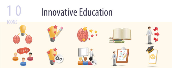 Innovative education set. Creative icons: brainstorming, creative process, creative thinking, open book, opportunity, group discussion, idea integration, adaptive teaching, aptitude test, education