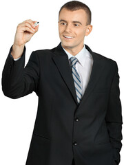 Businessman with Hand in Pocket Writes on Imaginary Screen - Isolated