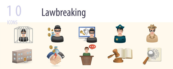 Lawbreaker set. Creative icons: prisoner, thief, hacker, police officer, detective, jail, corruption, witness, law, evidence.