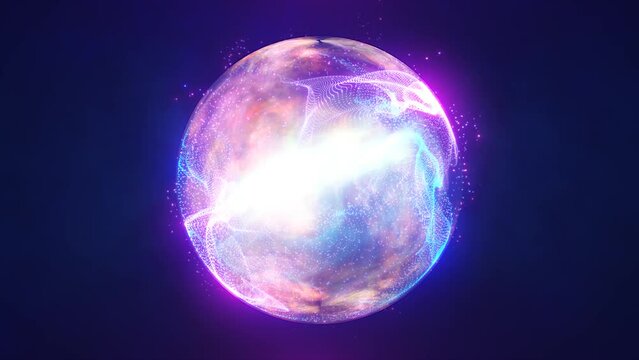 Abstract energy blue sphere with flying glowing purple particles and magic field, science futuristic hi-tech background
