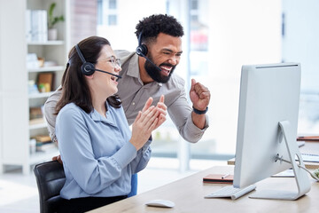 Computer, call center and people winning, success and celebration of target, sales and online profit in telecom. Telemarketing agency, team or woman and man celebrate, applause and yes for bonus