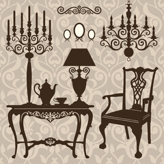 Antique decorative furniture collection, brown silhouettes for your design. Vector illustration
