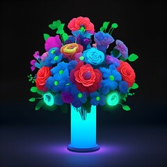 Colorful bouquet with different colorful flowers in Neon lighting 