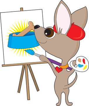 An artistic chihuahua wearing a red beret and collar, is holding a painter's pallet and painting at  an easel. It's a drawing of a favourite subject - FOOD! ... in this case, a dog bone in a dog bowl.