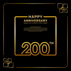 200 year anniversary celebration logo in golden color, square style, vector template illustration