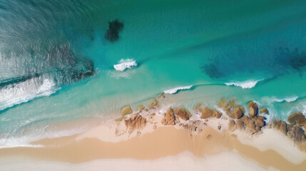 Fototapeta na wymiar Drone view of empty sand beach with waves in ocean (Generative AI)