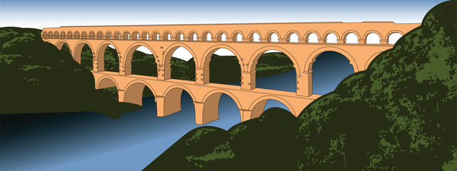 pont du gard, aqueduct vector - obrazy, fototapety, plakaty