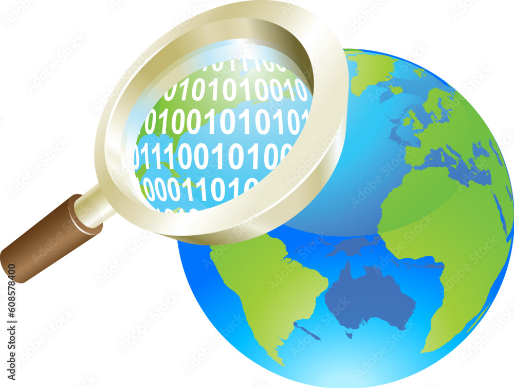 Aufkleber conceptual illustration of magnifying glass binary data world globe