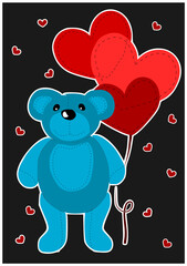Blue teddy bear with red balloons hearts - vector.