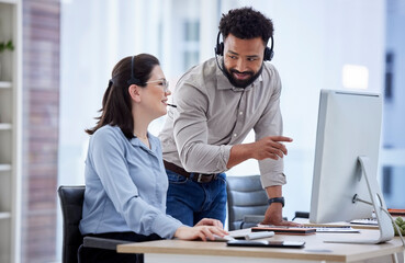 Call center, manager and woman with telemarketing, help and advice with conversation, explain system and computer. Happy man, supervisor and agent in a workplace, customer service and tech support - Powered by Adobe