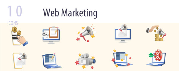 Web marketing set. Creative icons: pay per click, blog management, advertising, e-mail marketing, sponsored ad, sms marketing, article writing, live event, website, target.