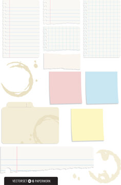 A selection of note paper, post-it notes and torn scraps of paper. All have vector shadows, no gradients used. Also includes coffee stains which can be placed on any image.