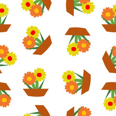 set of flowers and plants in pots cartoon pattern seamless repeat style, replete image design for fabric printing
