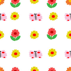 Color drawing butterfly. Butterflies moth and flowers repeat pattern Vintage insects vector collection seamless style design for fabric printing or kid wallpaper