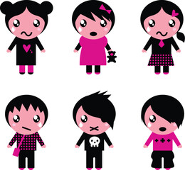 Collection of emo teen characters. Vector Illustration